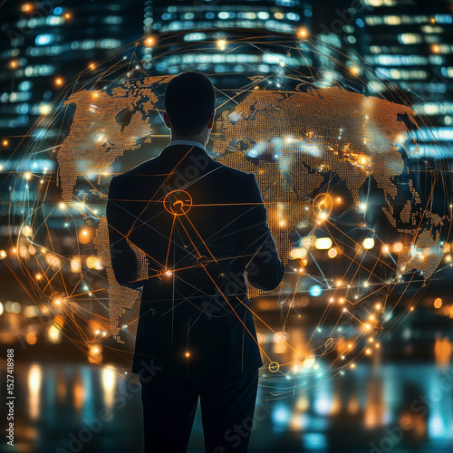 Businessman holds global banking with network connected to financial institutions, customers, and innovative solutions. Technological development contributes to transactions and customer experience.