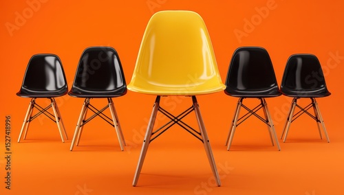 Five chairs, one yellow, on an orange background