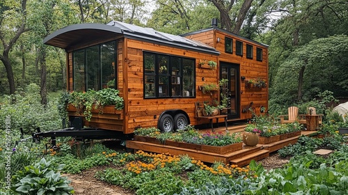 Plants growing outside a tiny house in the yard.
