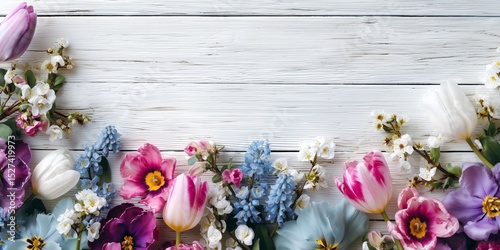 Spring flower border with tulips and blossoms on white wooden background