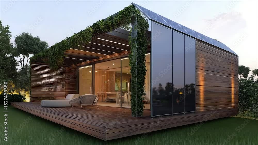Modern eco-friendly tiny house with solar panels, wood siding, and a large deck