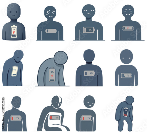 A set of icons of a person with a critically low battery level of 1% on the chest. A metaphor for emotional burnout, chronic fatigue, and a complete lack of energy.