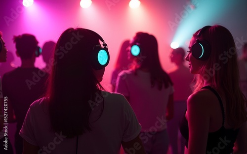 Friends listening music and dancing at silent disco party. High quality