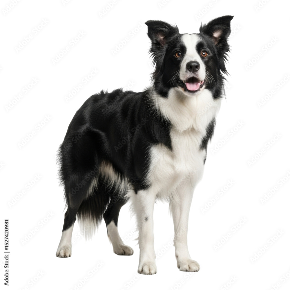 Happy black and white border collie standing with tongue out isolated on transparent background PNG Happy black and white border collie standing with tongue out isolated on transparent background PNG