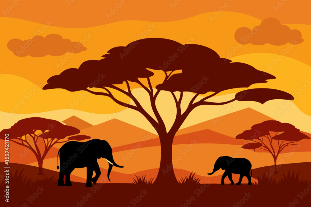 Fototapeta premium African Sunset Silhouette of Elephants in the Savannah