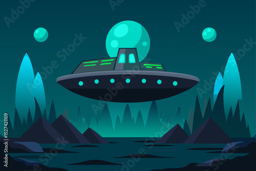 Mysterious Alien Spaceship Hovering Over an Eerie, Alien Landscape