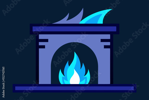 Cozy Fireplace Illustration Blue Flames and Modern Design