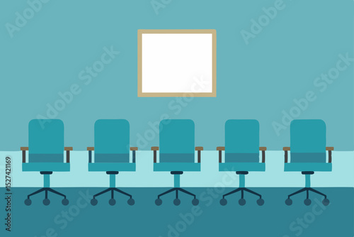 Modern Office Meeting Room Five Teal Chairs Facing Blank Whiteboard