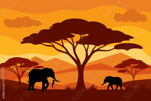 African Sunset Silhouette of Elephants in the Savannah