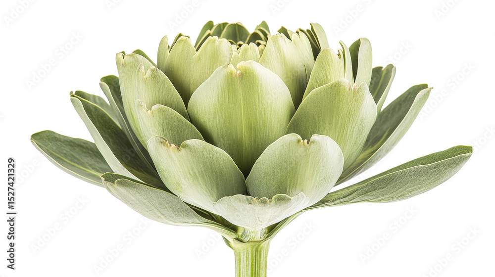 Fototapeta premium Artichoke with tight green petals and thick stem, fresh and whole, Transparent background, PNG file