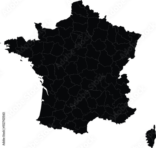silhouette vector map of france with departments isolated on white background, european political division