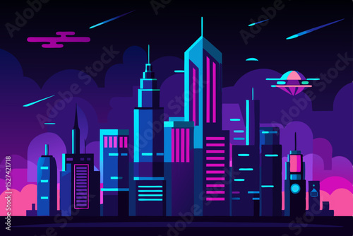 Neon Cityscape Futuristic Skyline at Night with Flying Saucer