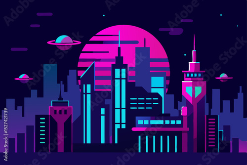 Futuristic Cityscape Neon Lights and Retro Sci-Fi Architecture