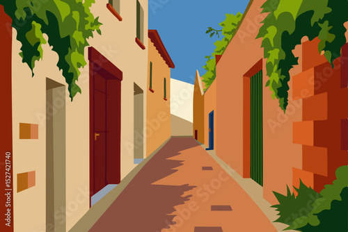 Charming Mediterranean Alleyway A Sun-Drenched Street Scene Illustration
