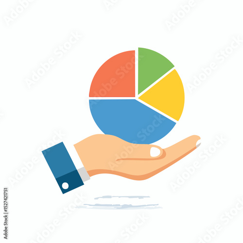 Pie Chart in Hand: A graphic illustration of a hand delicately presenting a vibrant pie chart. This visual represents key business concepts of data, statistics, and analytics.