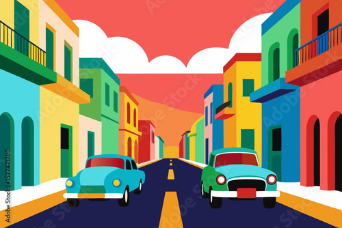 Vibrant Street Scene Colorful Buildings and Classic Cars in a Sunny Cityscape