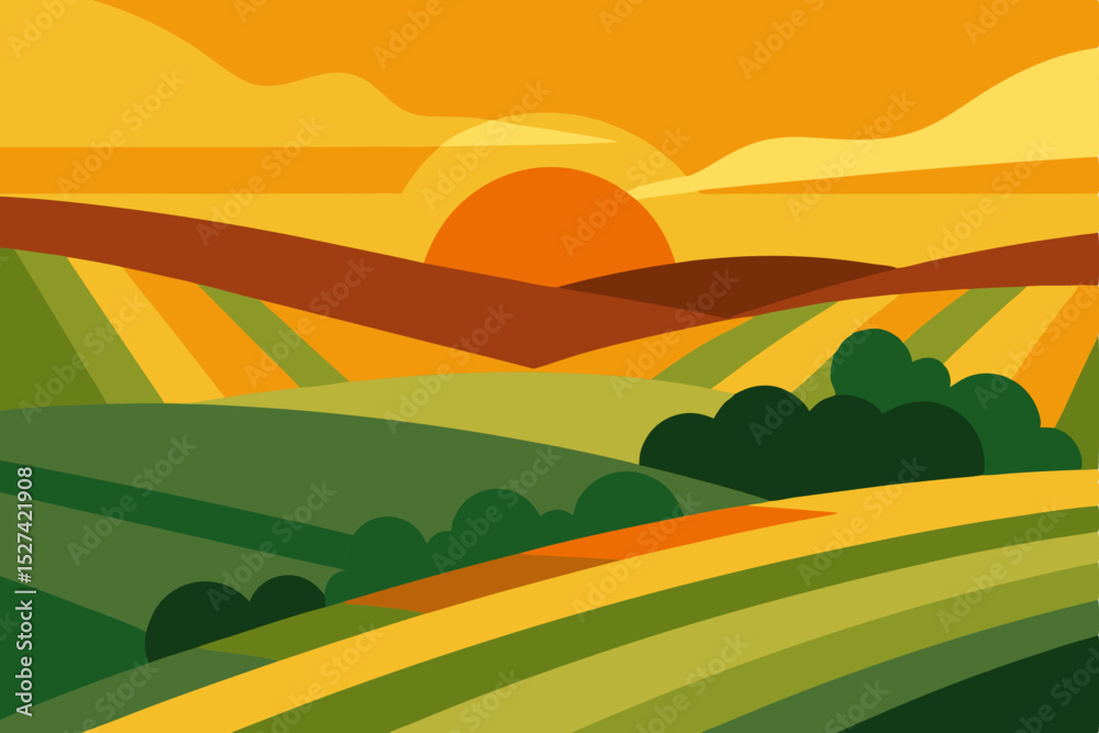 Obraz premium Sunset Over Rolling Hills A Vibrant Landscape Illustration