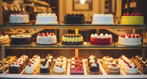 Delicious cakes and pastries showcased in a charming Parisian patisserie window display warm lighting enhances the delectable treats