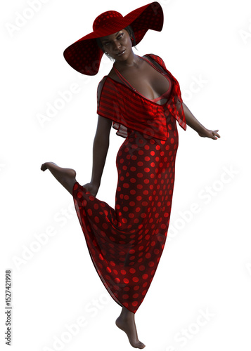 Graceful barefoot woman in flowing red polka dot dress and wide-brimmed hat, radiating elegance, style, and confident summer fashion, 3D illustration. Woman in red bikini and sheer summer dress.