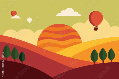 Sunset Hot Air Balloon Landscape Serene Autumn Hills Illustration