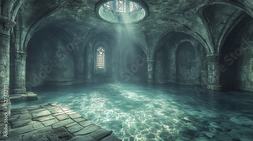 serene medieval crypt with glowing aqua water and worn stone walls, evoking sense of tranquility