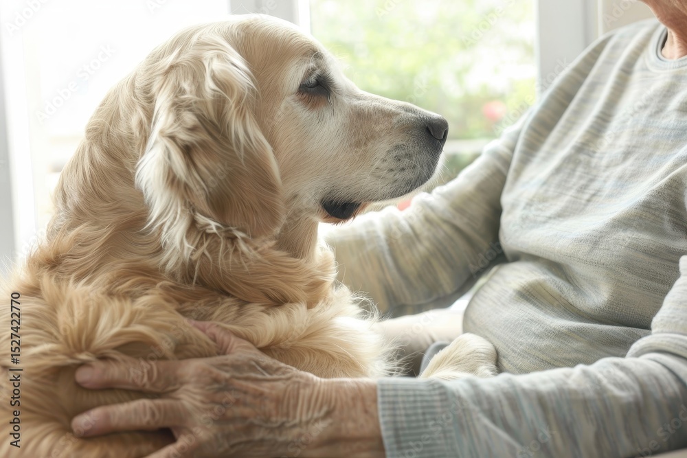 Obraz premium Elderly person bonding with golden retriever in soft daylight. AI-generated.