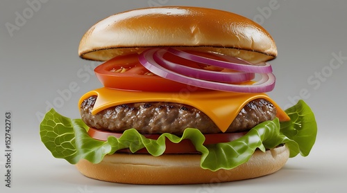 Close-up of a juicy cheeseburger stacked with melted cheese, red onion, lettuce, and tomato on a toasted bun, ideal for fast food advertising, menus, and packaging design projects