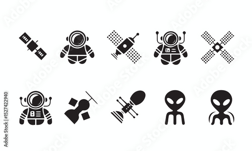 Space Exploration Icon Set Astronaut Satellite Alien Glyphs Graphics Design Elements