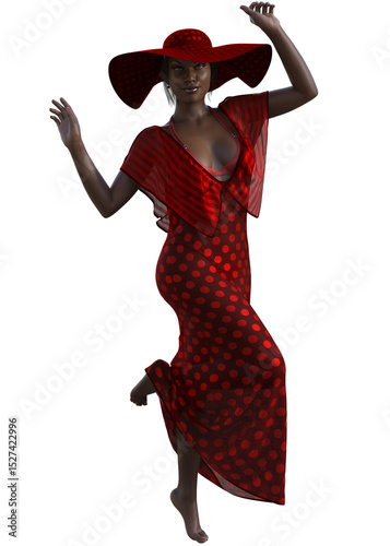 Graceful barefoot woman in flowing red polka dot dress and wide-brimmed hat, radiating elegance, style, and confident summer fashion, 3D illustration. Woman in red bikini and sheer summer dress.