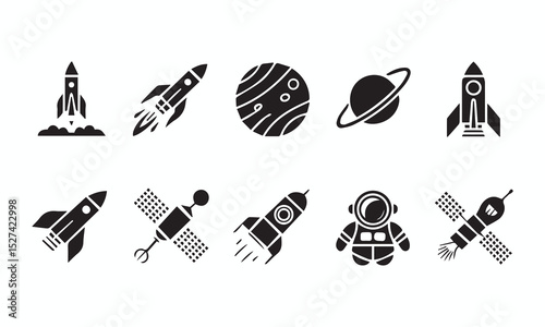 Space Exploration Icons Set: Rockets, Planets, Astronaut, Satellite, Galaxy Graphics for Web Design and App Development