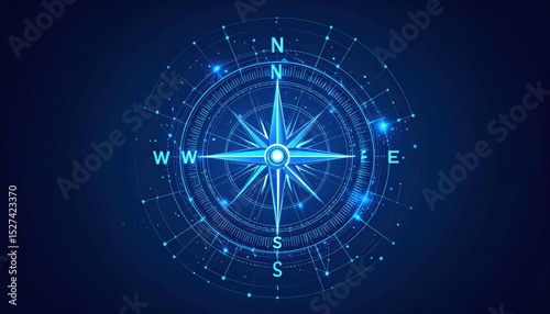 Digital compass with glowing lines, particles Tech concept, navigation