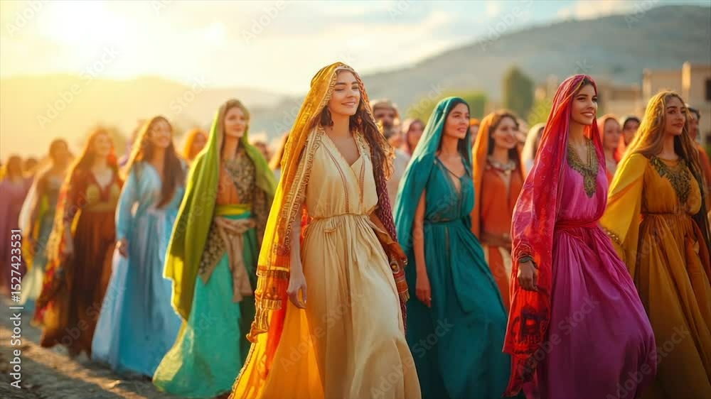 Colorful procession of women in flowing robes Colorful procession of women in flowing robes