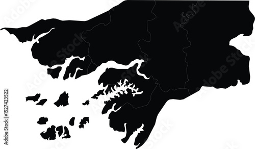 black silhouette map of guinea-bissau with regional borders isolated on white background for graphic or print use