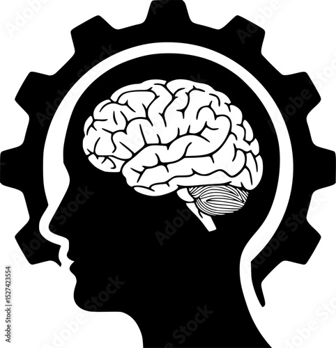 man brain inside gear icon vector silhouette illustration isolated on white background
