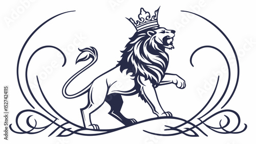 Regal Lion with Crown in Decorative Frame, Vector Illustration