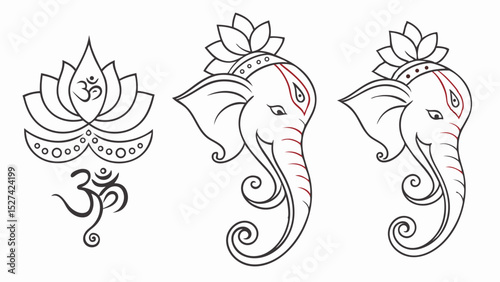 Line Art Depiction of Ganesha, Lotus, and Om Symbol.
