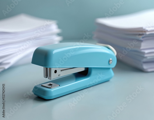 Blue stapler on office desk with stack paper. Metal, plastic stapler tool stationery supply for work. Stapling machine for paperwork. Office, school concept.