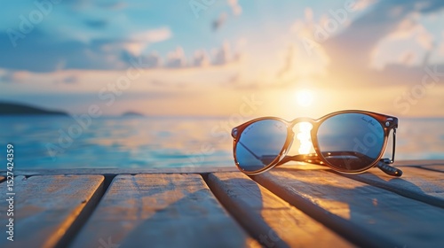 Sunglasses reflecting sunset light over ocean on wooden dock in paradise