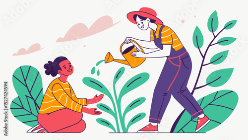 Woman Watering Plant with Child Observing in a Garden Illustration