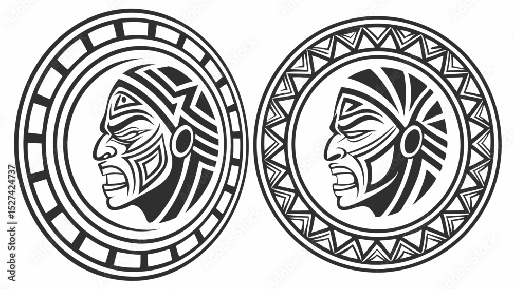 Two Tribal Masks in Circular Frames, Polynesian Style Design Two Tribal Masks in Circular Frames, Polynesian Style Design