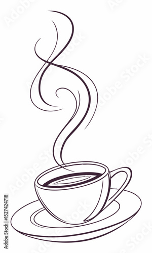 Steaming Cup of Coffee on Saucer, Line Art Illustration
