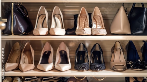 Elegant Closet Display Showcasing Designer Heels and Chic Handbags on Shelves
