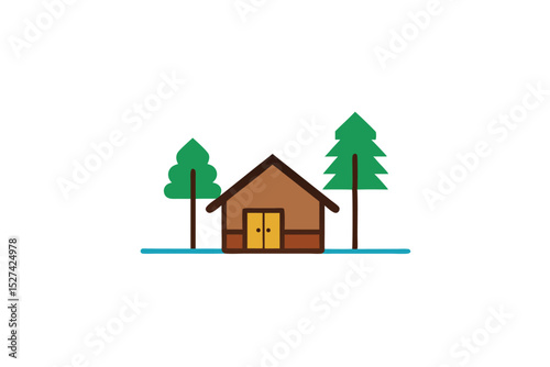 Minimal cabin and twin trees in quiet forest layout vector art illustration
