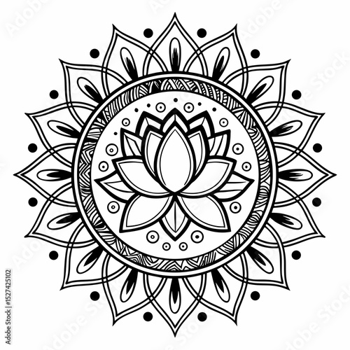 Intricate Black and White Lotus Mandala Design for Meditation