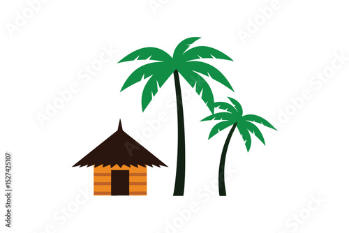 Palm trees beside tribal hut calm ethnic forest view vector art illustration