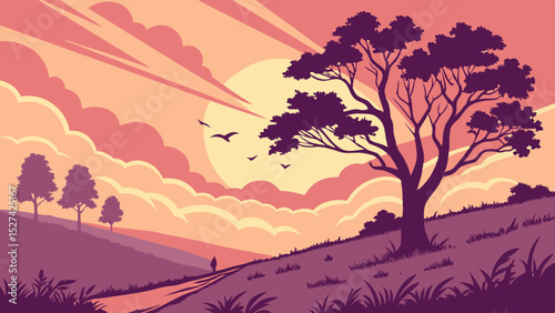 Serene Sunset Landscape with Majestic Tree Silhouette