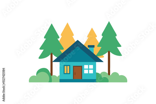 Small house in nature with surrounding trees view vector art illustration