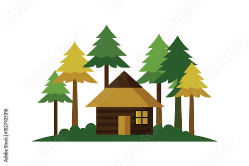 Wild forest hut and tall trees in dense nature layout vector art illustration