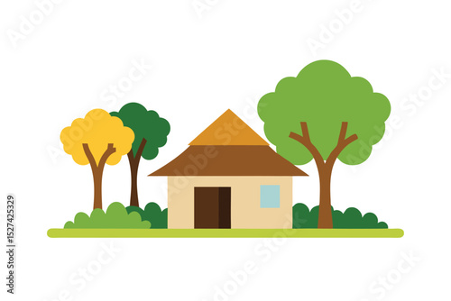 Village hut and leafy trees in rural harmony view vector art illustration