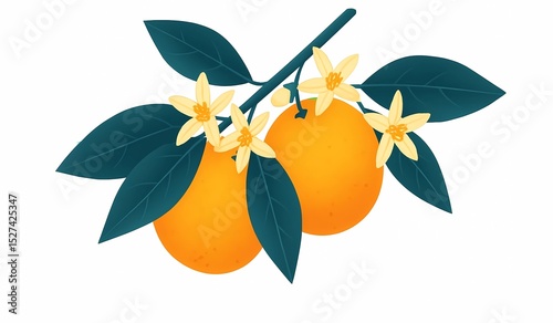 Flat  image   two fresh oranges hanging from a branch, with dark green leaves and small yellow flowers on a white background  . 